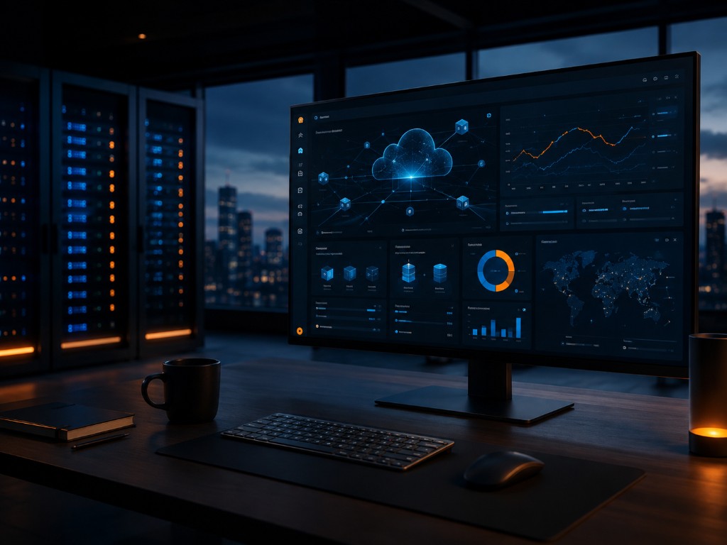 Cloud infrastructure dashboard displayed beside illuminated server racks