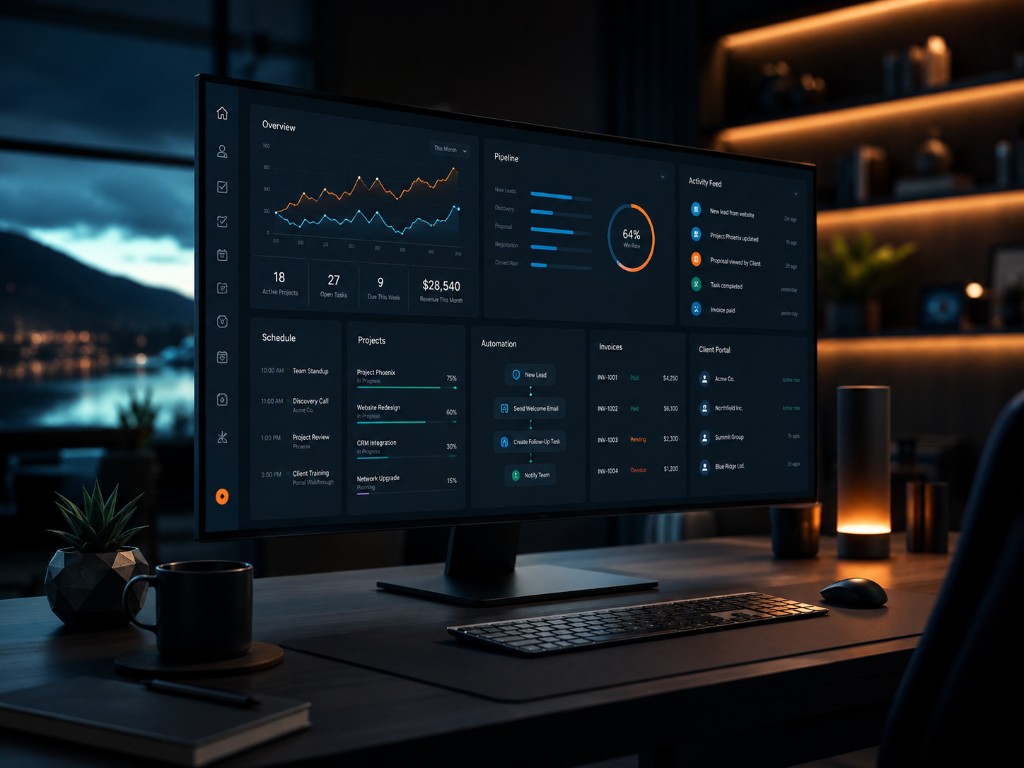 Connected business operations dashboard showing CRM, client workflows, scheduling, documents, and automation