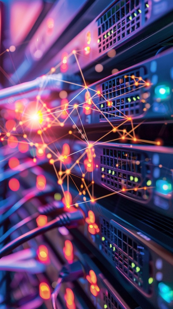 Server racks with a glowing network connectivity overlay — modern infrastructure and data flow