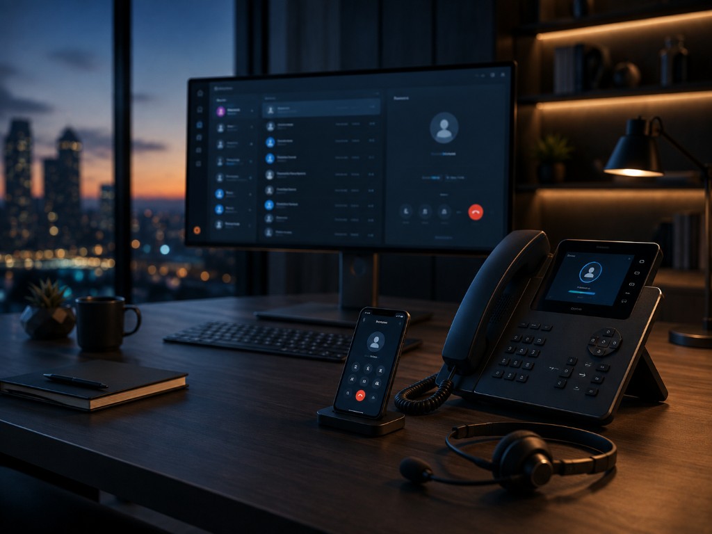 Modern business desk phone, mobile calling app, headset, and communications dashboard